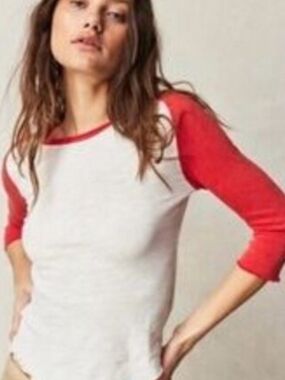 Free People Red and White Baseball Tee Short Sleeve